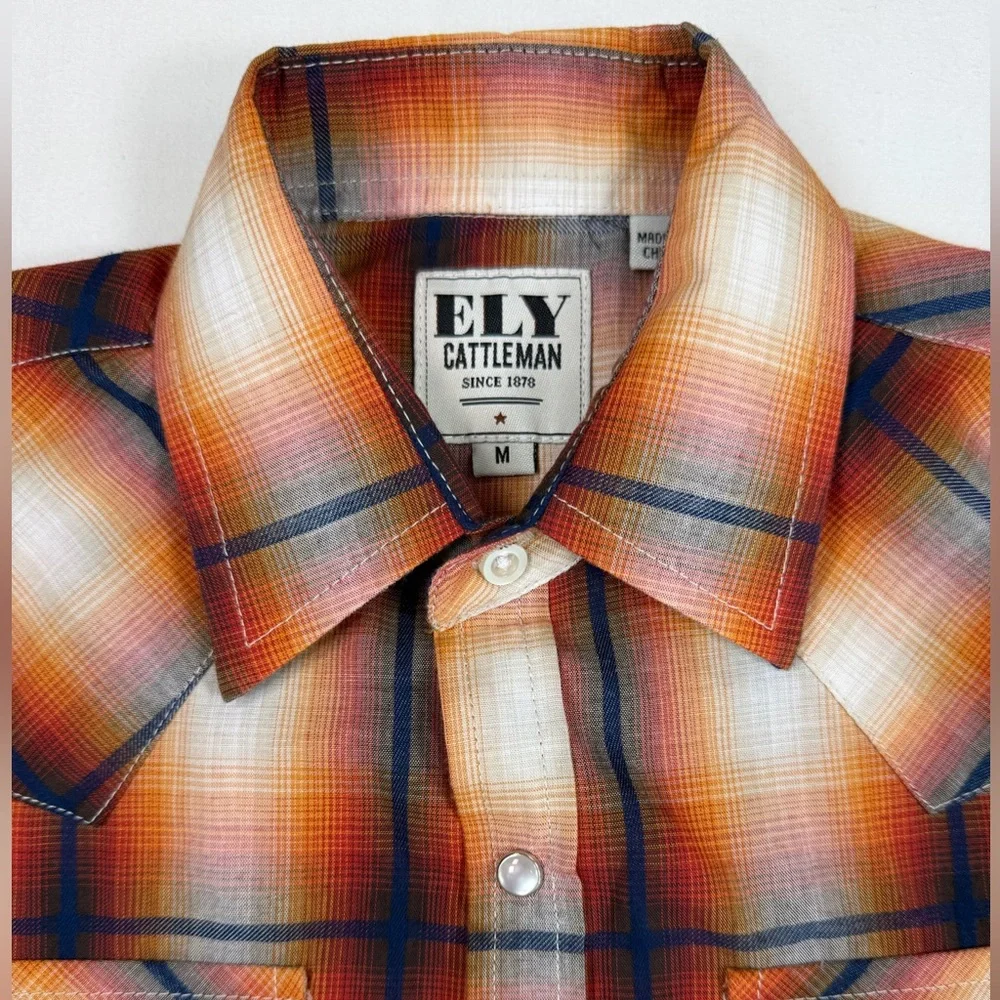 ELY CATTLEMAN Boys Plaid Western Snap Button Shirt Size M Classic Cowboy‎